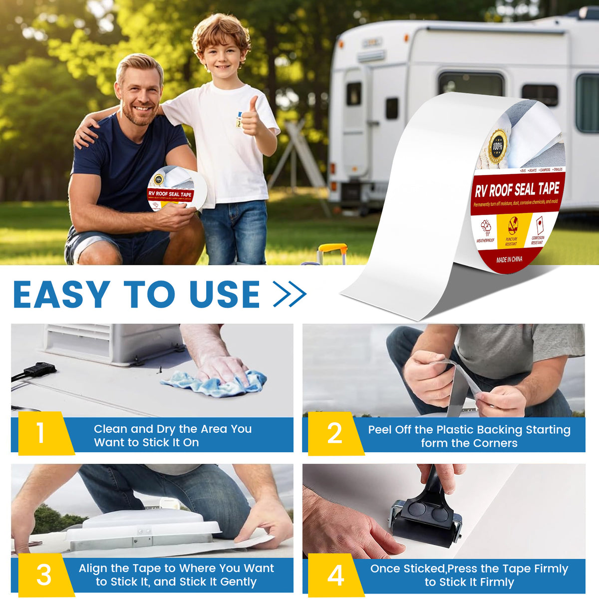 RV Sealant Tape, 4 Inch X 50 Feet RV Repair Sealant Tape White RV Tape forCamper Roof Leaks, UV-Resistant, Weatherproof and Reliable for Camper, Trailer, Boat