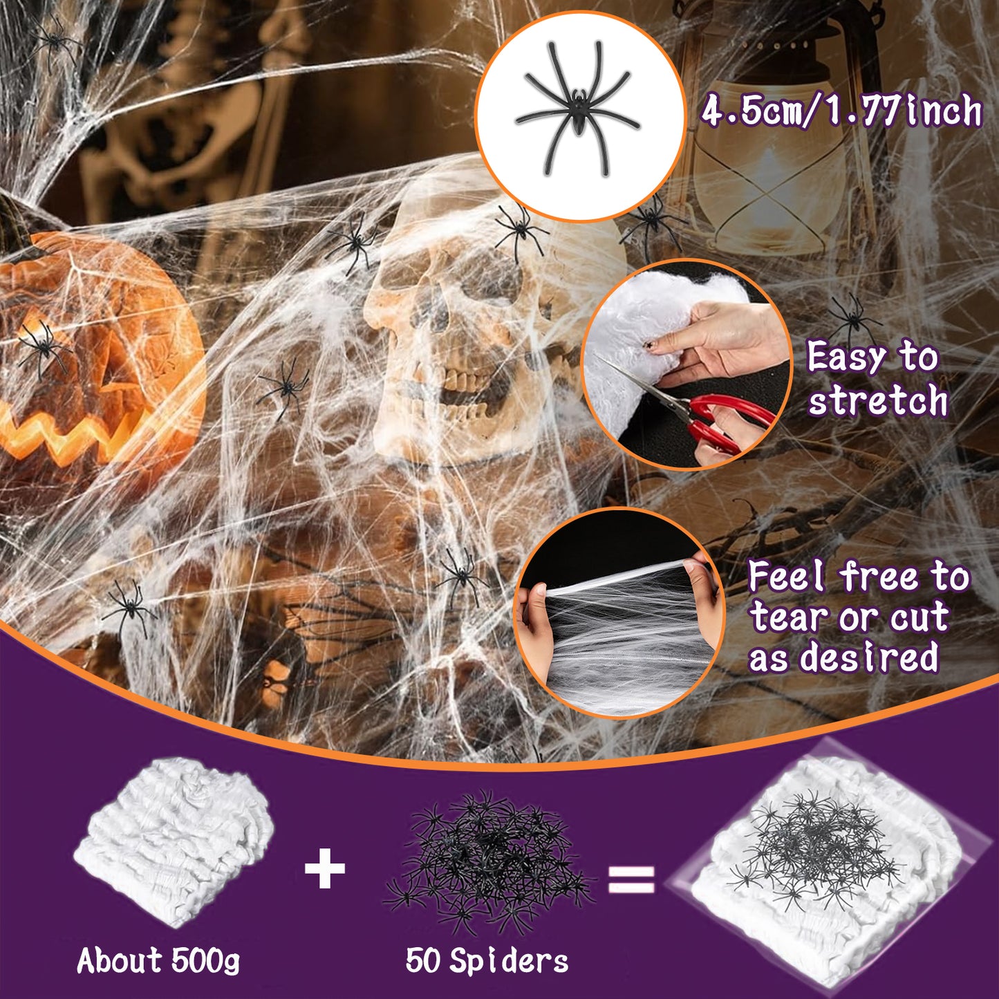 1300 square feet Halloween spider web decoration, including 50 fake spiders, super strong elastic spider web, suitable for Halloween indoor and outdoor decoration.
