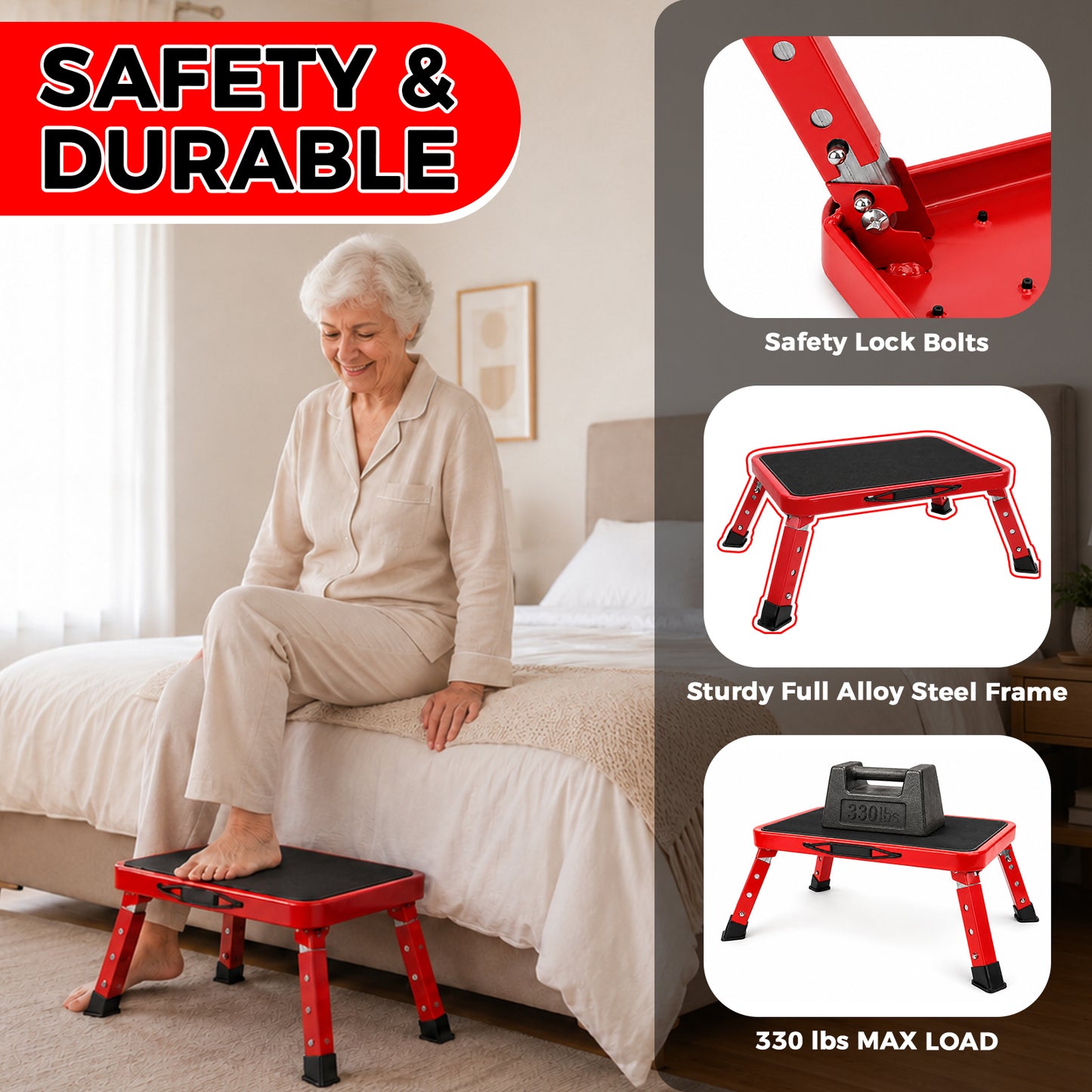 Lafati Folding Step Stool for Adults & Seniors - Heavy Duty Steel Step Stool with 3 Adjustable Heights, Anti-Slip Surface & Rubber Feet, Multi-Purpose Step Stool for Kitchen, Bed, SUV, RV