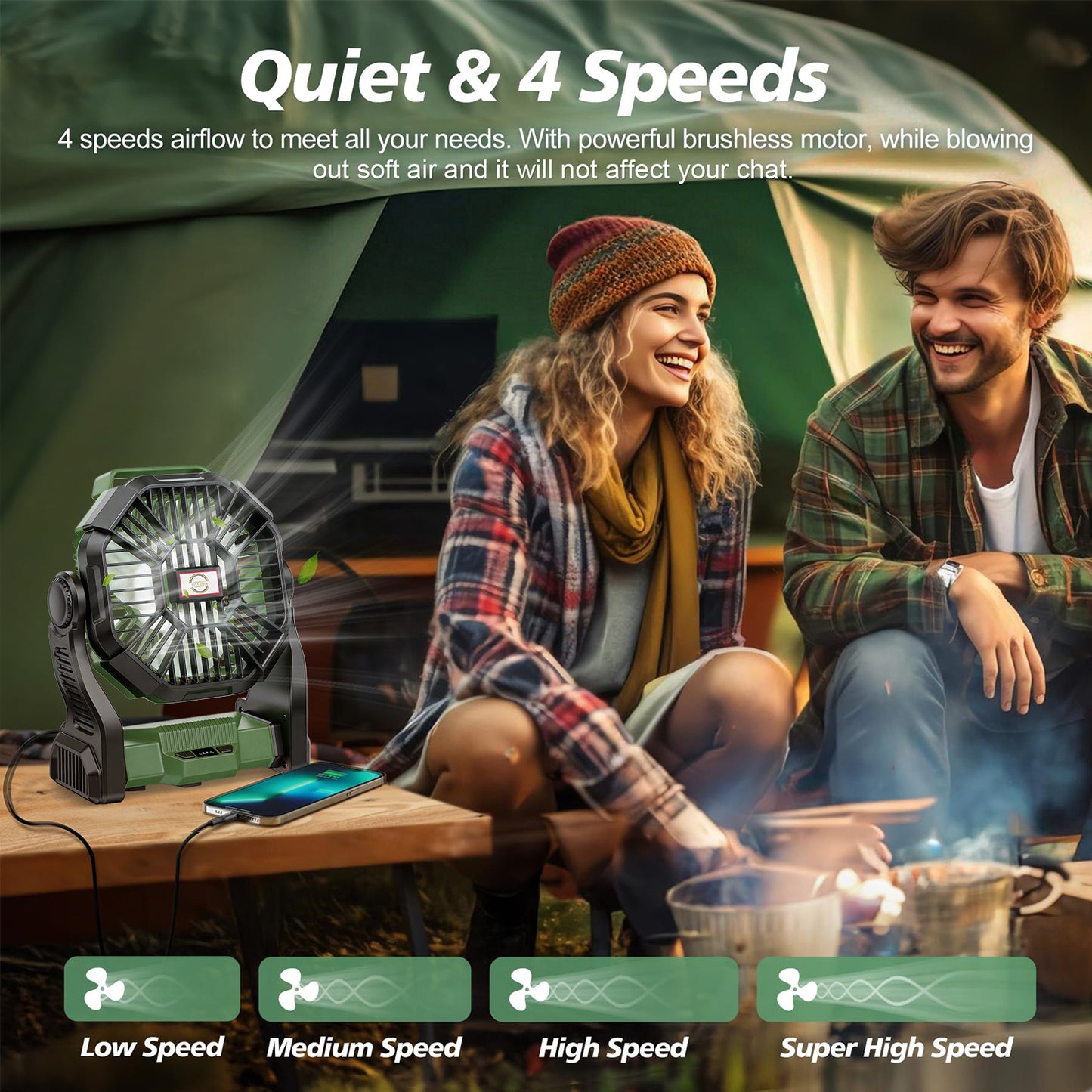 20,000mAh Portable Camping Fan with LED Lantern, Rechargeable Battery Operated Outdoor Fan, 4 Speeds, 270° Rotation, Power Bank Function for Tent, Hiking, Fishing, Emergency, Sports & Game Day, Green