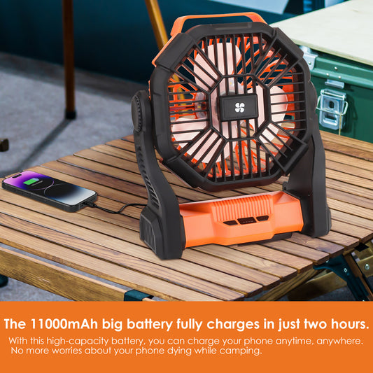 Camping Fan with LED Lantern, 11000mAh Portable Battery Operated Outdoor Fan, Personal Rechargeable Fan for Travel, Hiking, Fishing, Picnic（Orange）