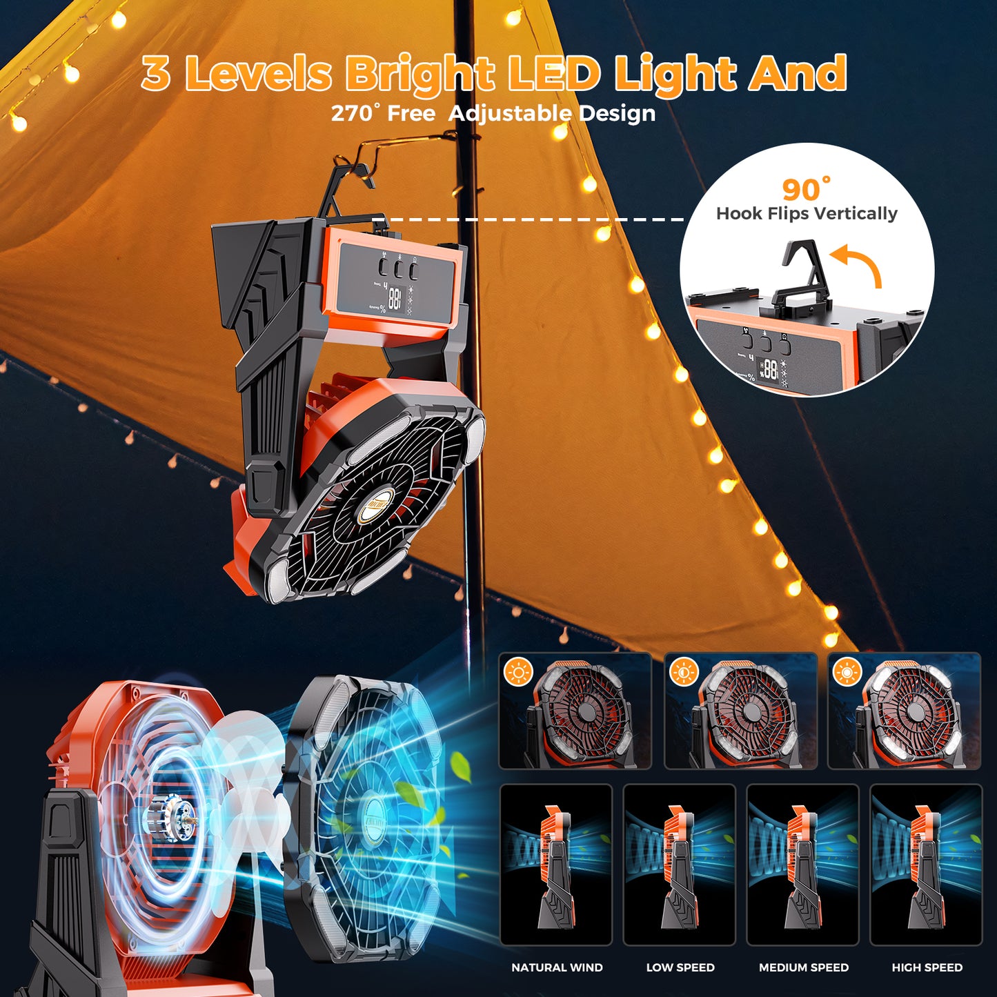 Portable Camping Fan Rechargeable with 4 Lights, 11000mAh Battery Operated Fans, Outdoor Beach Tent Fan, 4 Speed, 4 Timer, Adjustable Rotation for Picnic, Barbecue, Fishing, Home