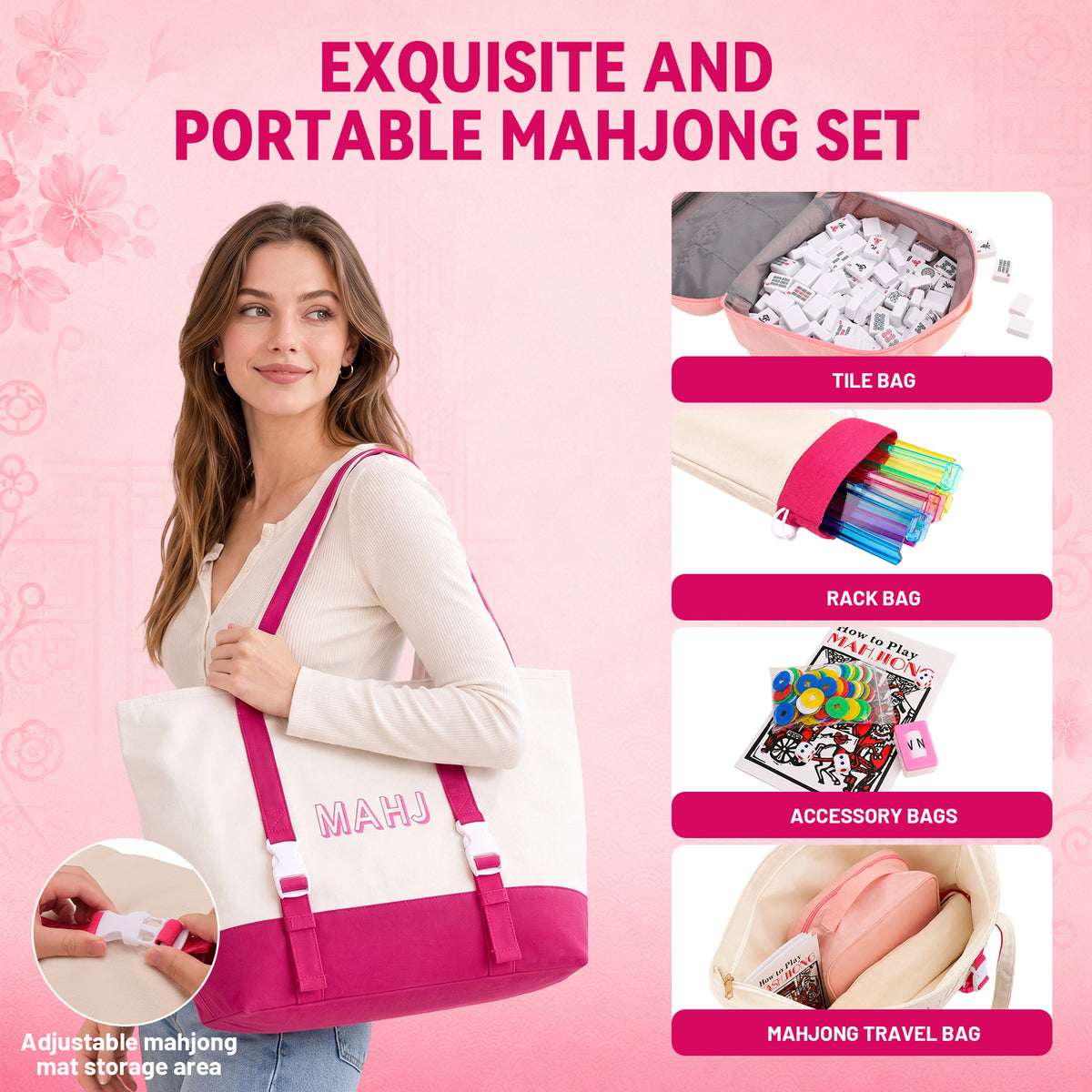 American Mahjong Set, 166 White Tiles 4 All-in-One Color Rack/Pushers Mahjong Tiles Set, Complete Travel Mahjong Set with Pink Carrying Bag