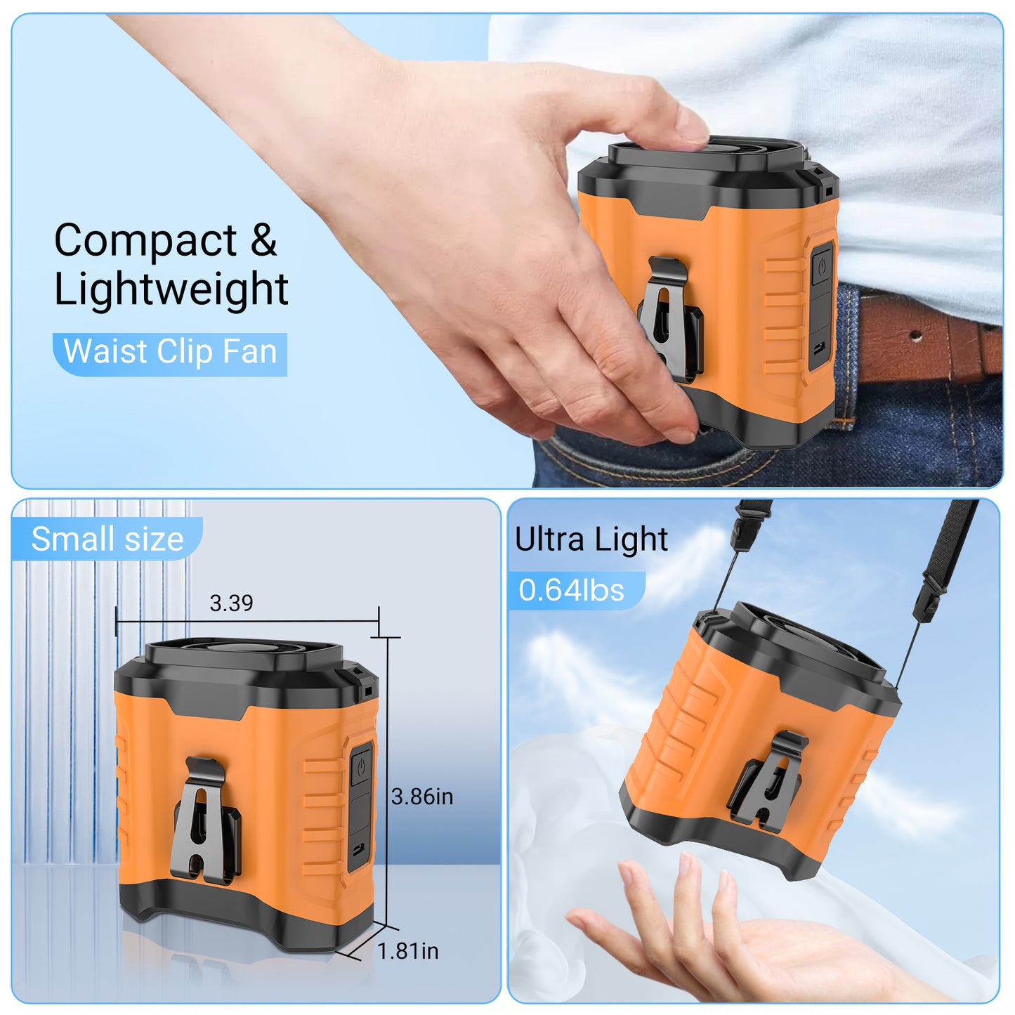 10000mAh Portable Waist Fan Clip on Wearable Belt Personal Fan Rechargeable Battery operated With 5 Speeds & Neck Hands-Free 50H Cooling For Outdoor Camping Travel (Orange)
