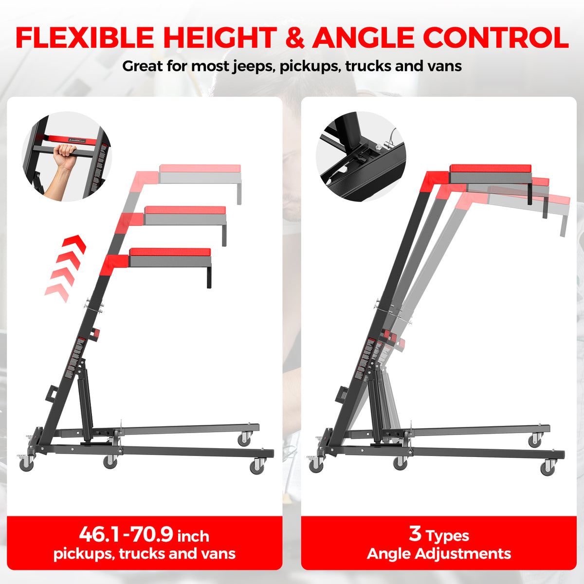 Foldable Topside Creeper, Automotive Engine Creeper with 45”-66” Adjustable Height, 400LBS Capacity High Top Automotive Creeper with 4 Swivel Caster Wheels and Cushions for Garage, Shop, Auto Repair