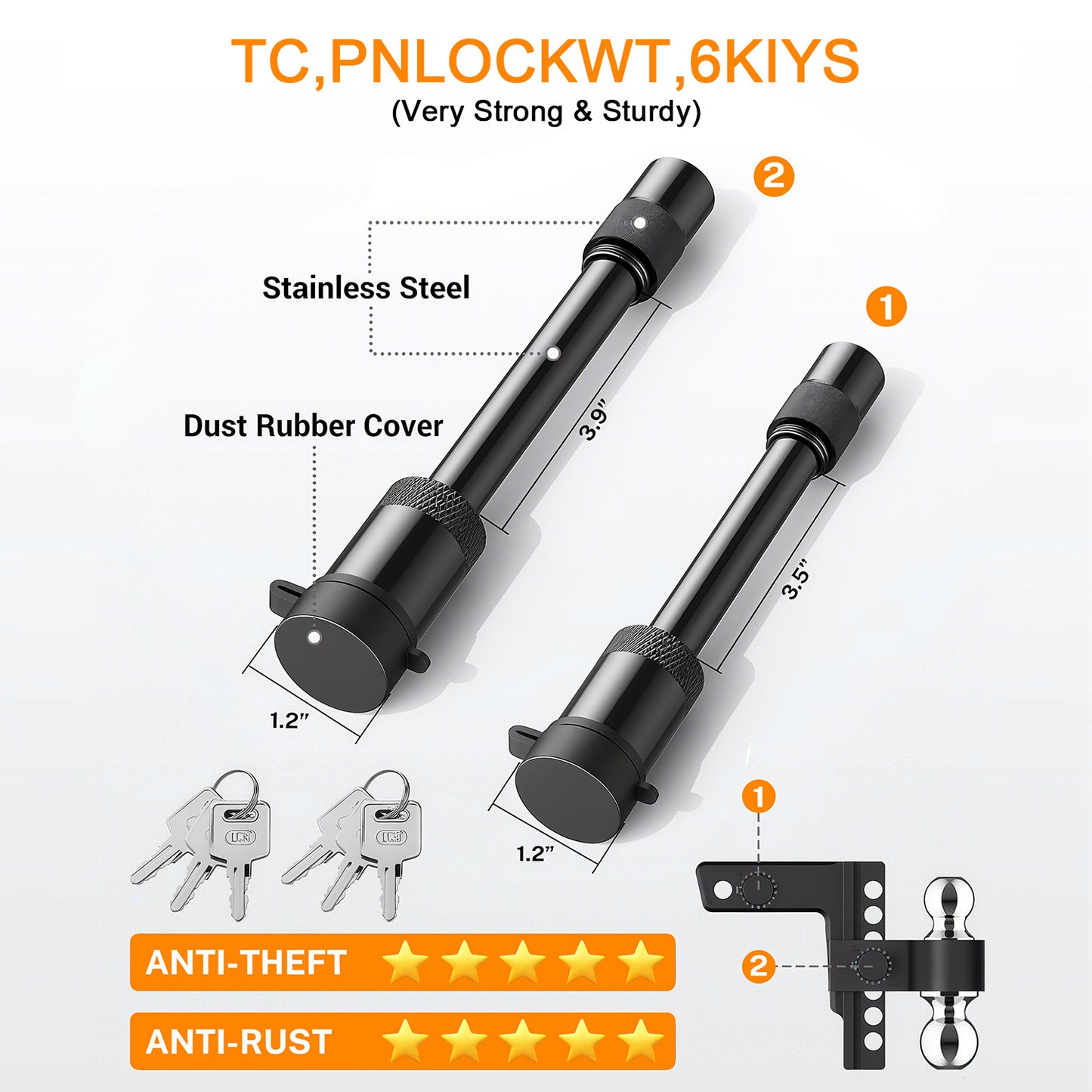 Adjustable Trailer Hitch, Fits 2-inch Receiver-Heavy Duty Aluminum Tow Hitches with 6-inch Drop/Rise for Truck (12,000 lbs GTW) - Weatherproof Double Anti-Theft Locking Hitch Pins