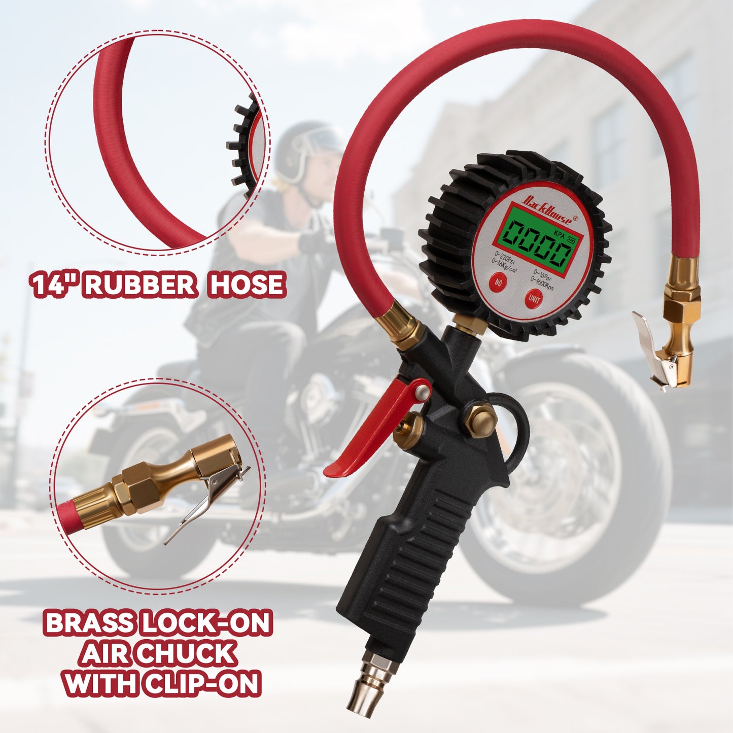 Digital Tire Pressure Gauge with Inflator, 3-250 PSI Air Chuck & Compressor Accessories Heavy Duty with Quick Connect Coupler, 0.1 Display Resolution, 1pack