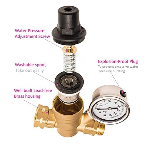 Water Pressure Regulator Valve, RV Brass with Gauge and Inlet Screened Filter for Camper Trailer