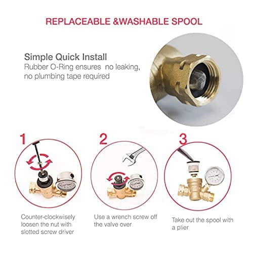 Water Pressure Regulator Valve, RV Brass with Gauge and Inlet Screened Filter for Camper Trailer