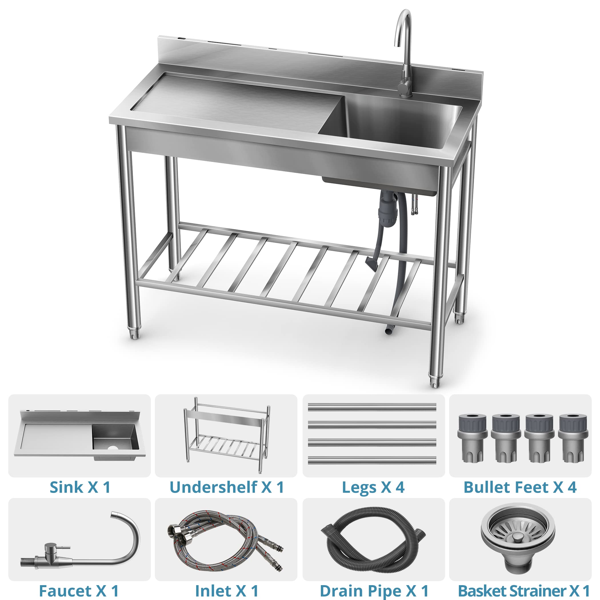 Lafati 304 SUS Stainless Steel Utility Sink - 47-Inch Free Standing Single Bowl Sink with Cold & Hot Water Faucet and Undershelf