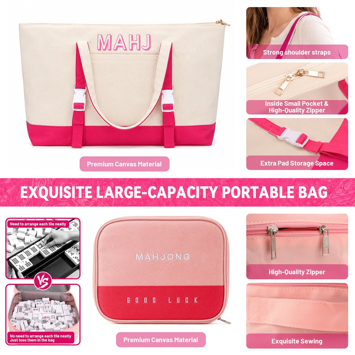 American Mahjong Set, 166 White Tiles 4 All-in-One Color Rack/Pushers Mahjong Tiles Set, Complete Travel Mahjong Set with Pink Carrying Bag