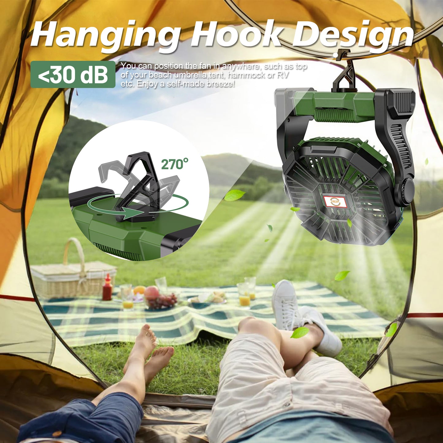 20,000mAh Portable Camping Fan with LED Lantern, Rechargeable Battery Operated Outdoor Fan, 4 Speeds, 270° Rotation, Power Bank Function for Tent, Hiking, Fishing, Emergency, Sports & Game Day, Green