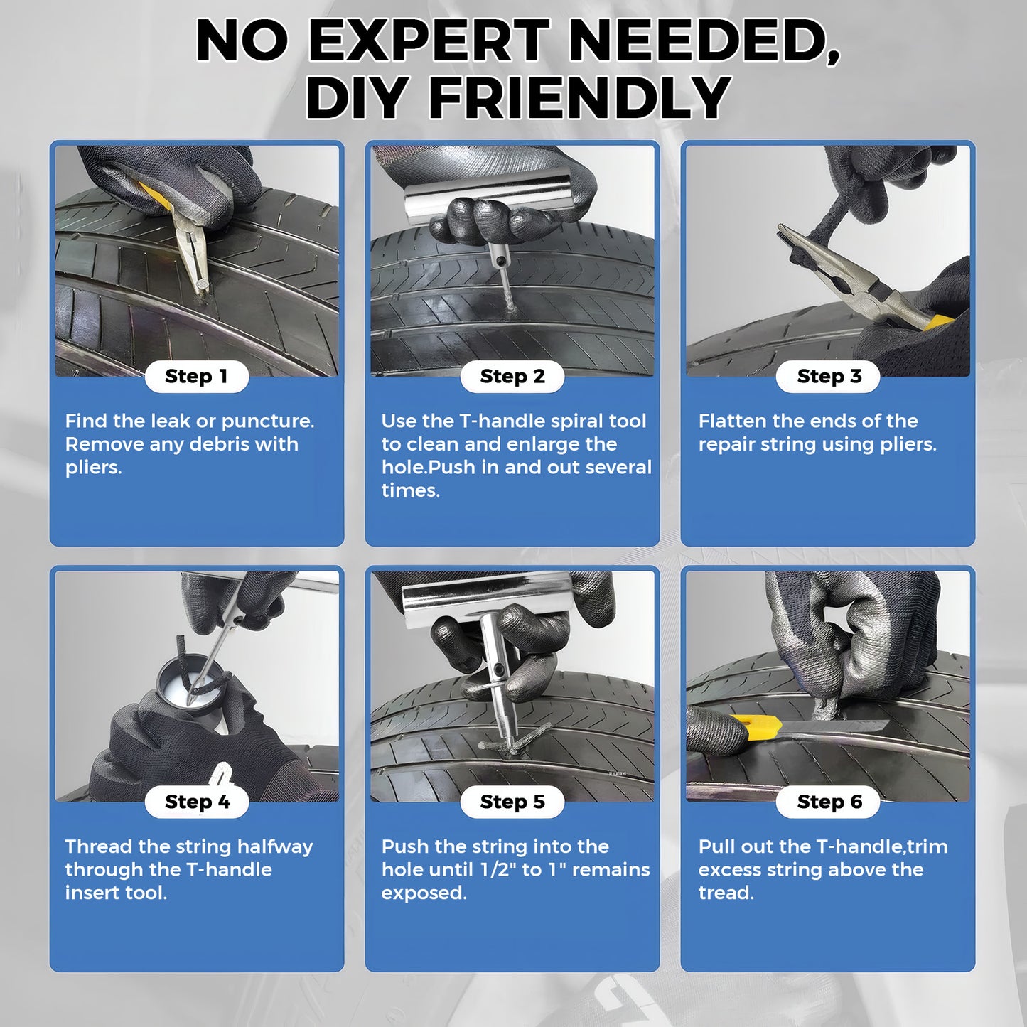 69 Pcs Professional  Tire Repair Kit,Heavy-Duty Universal Plug & Patch Kit for Tubeless Tires, with T-Handle Tool for Car, Truck, Motorcycle, RV and Mores