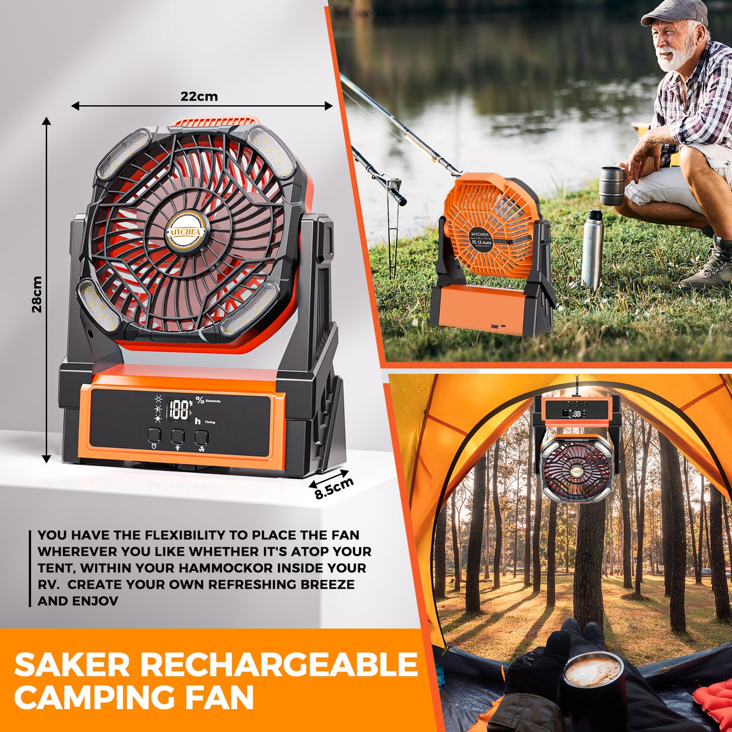 Portable Camping Fan Rechargeable with 4 Lights, 11000mAh Battery Operated Fans, Outdoor Beach Tent Fan, 4 Speed, 4 Timer, Adjustable Rotation for Picnic, Barbecue, Fishing, Home