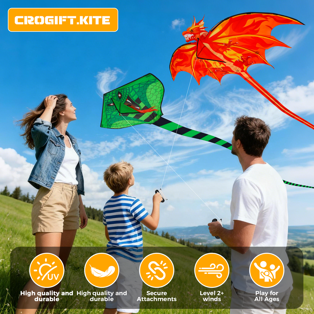 4 Pack Kites - Large Fire Dragon Kite Green Snake Kite Devil Fish Kite Red Mollusc Octopus with Long Colorful Tail for Kids Adults Outdoor Game Activities