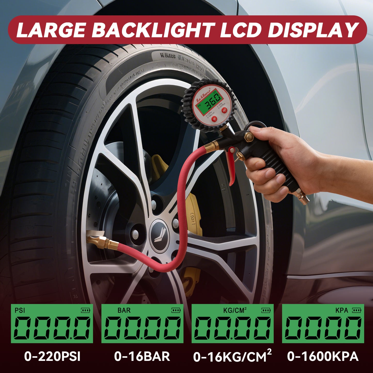 Digital Tire Pressure Gauge with Inflator, 3-250 PSI Air Chuck & Compressor Accessories Heavy Duty with Quick Connect Coupler, 0.1 Display Resolution, 1pack