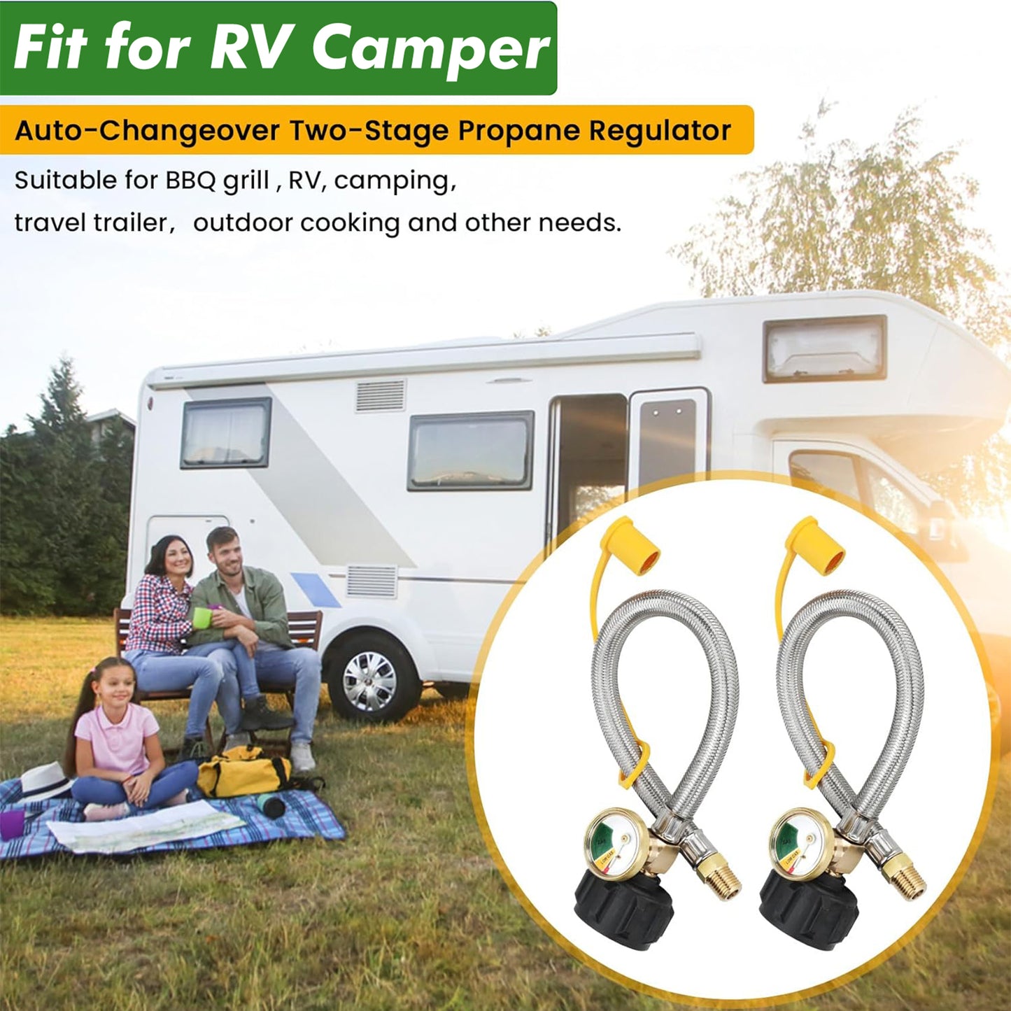 18 Inch RV Propane Hoses with Gauge, Camper Propane Hose with Gauge Stainless Steel Braided, 1/4" Male, 40Lb 250PSI, NPT x QCC1 Fittings (2 Pack)