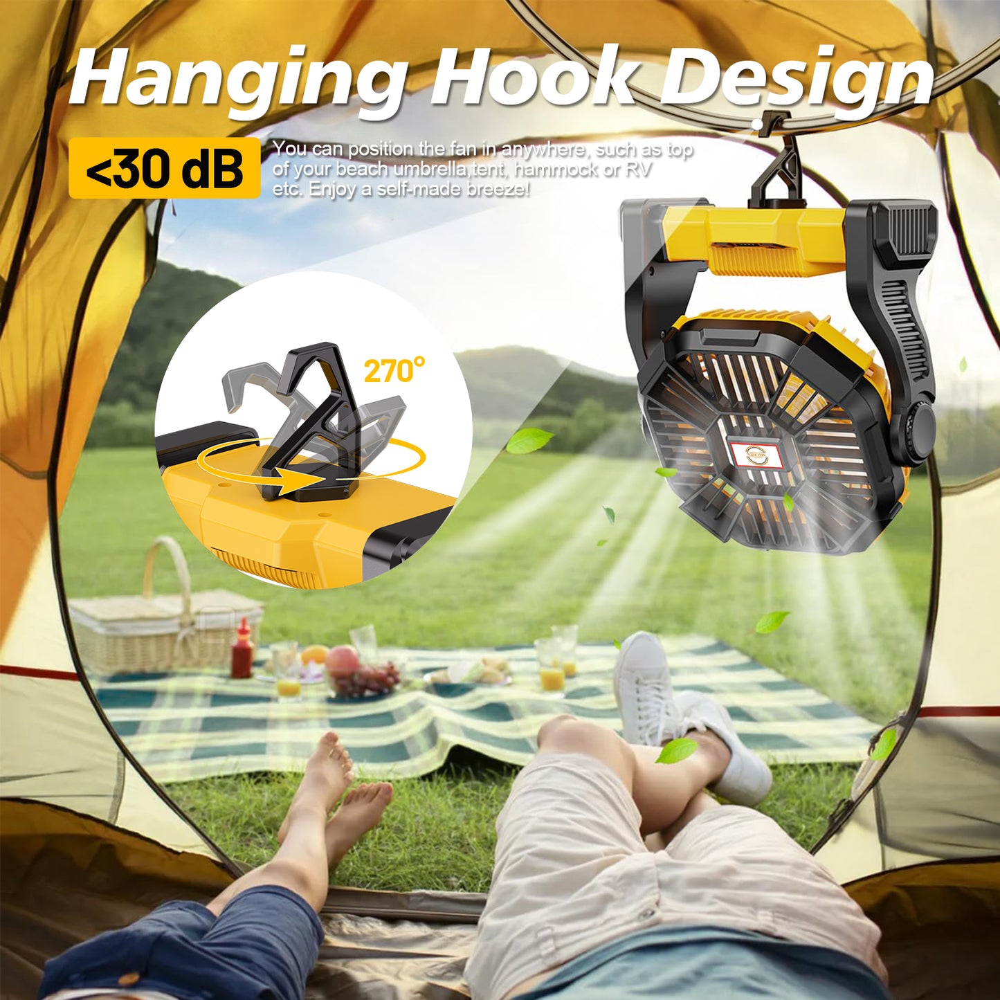 Camping Fan with LED Lantern, 20000mAh Portable Battery Operated Outdoor Fan, Personal Rechargeable Fan for Travel, Hiking, Fishing, Picnic（yellow）