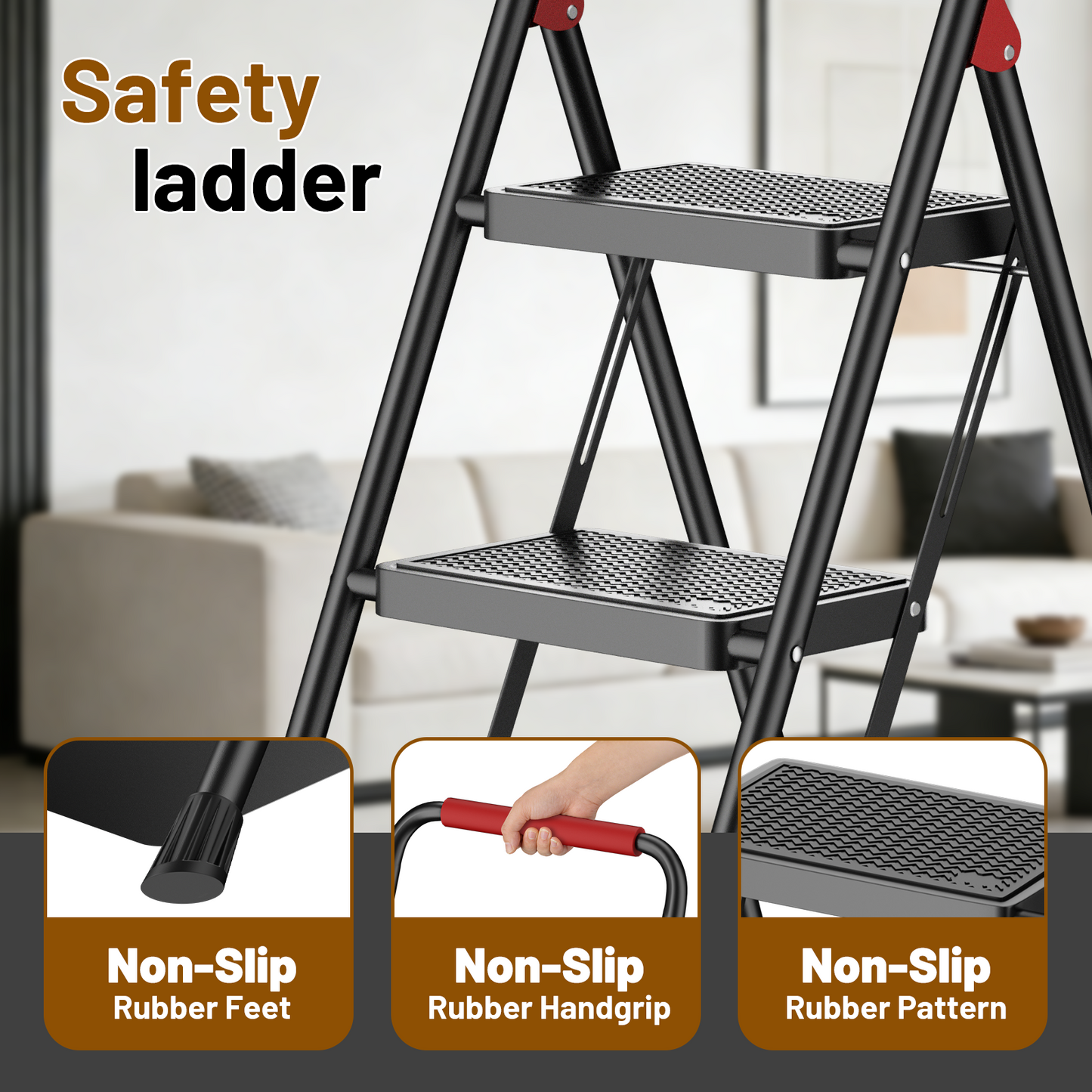 Lafati 3 Step Folding Step Stool for Adults, Heavy Duty Steel Ladder with Anti-Slip Pedals & Auto-Lock, 330 lbs Capacity, Space Saving for Kitchen, Bathroom, Closet