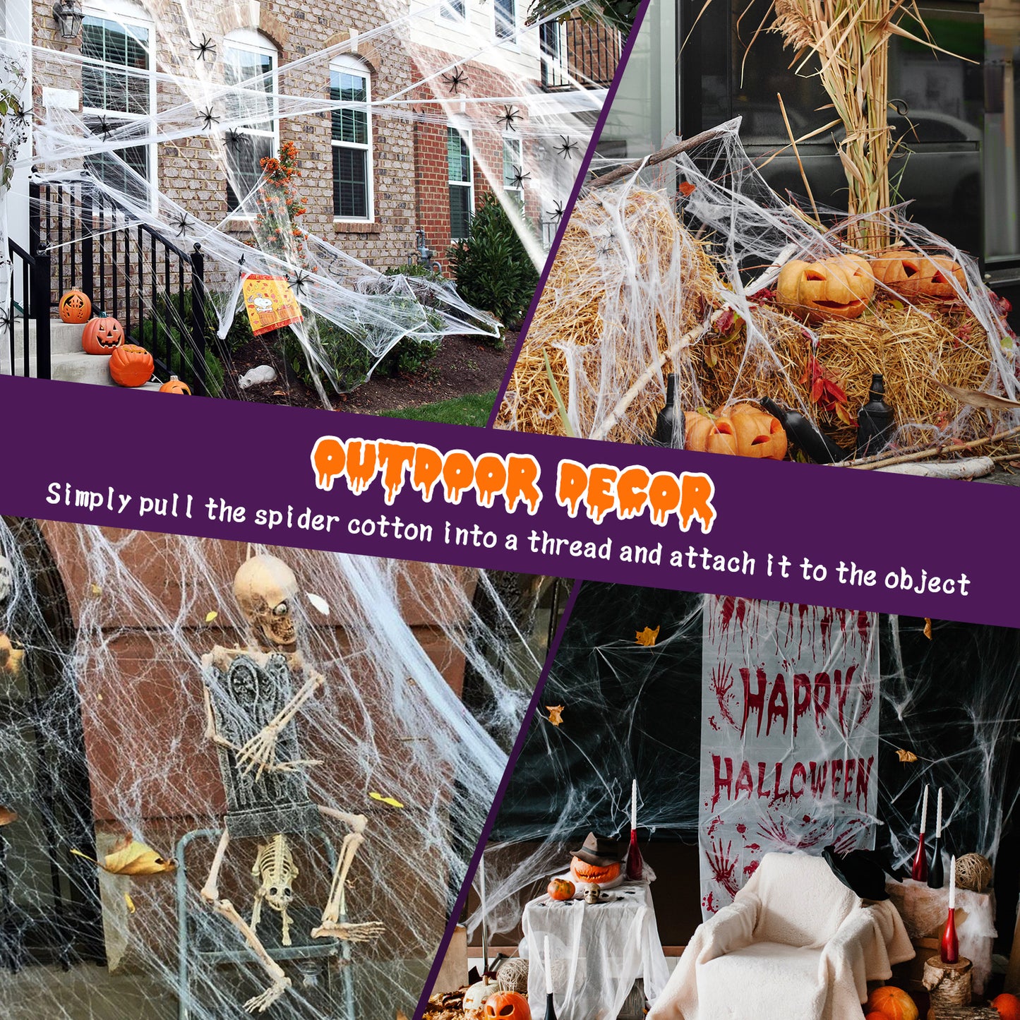 1300 square feet Halloween spider web decoration, including 50 fake spiders, super strong elastic spider web, suitable for Halloween indoor and outdoor decoration.