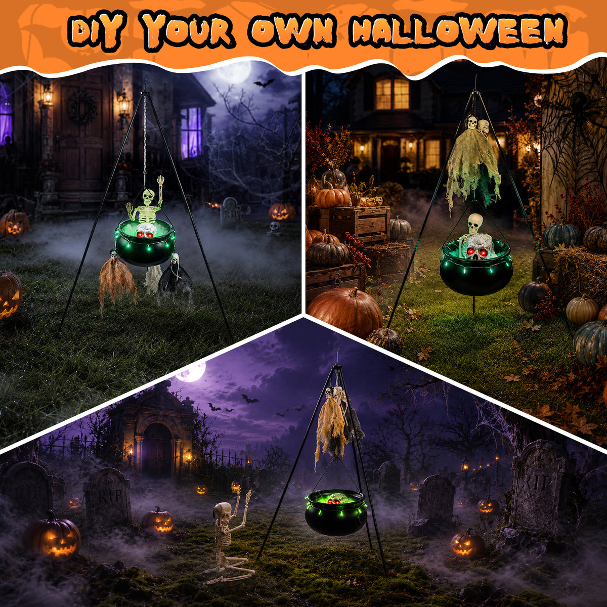 Halloween Decorations Bundle - 130cm/51.2" Tall Witches Cauldron, 3pcs Hanging Ghosts, 60cm Skeleton, Skull Ornament, 3 Ground Stakes, 4 Hooks - Indoor Outdoor Yard Porch Lawn Party Supplies