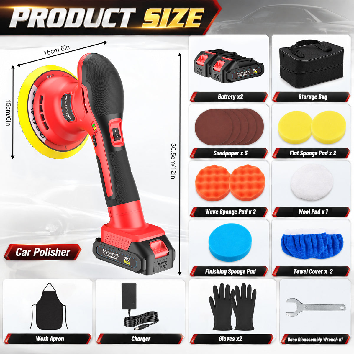 Lafati 6 inch Cordless Car Polisher Kit with 2x2000mAh 21V Batteries, 6 Variable Speeds for Car Detailing, Boat Sanding & Scratch Removal