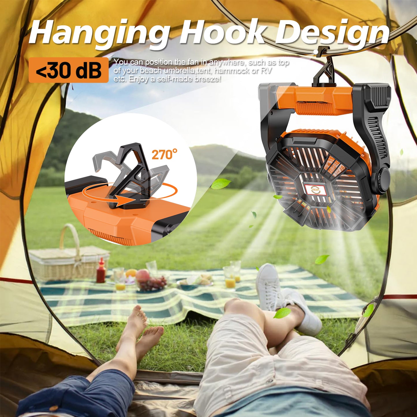 Camping Fan with LED Lantern, 20000mAh Portable Battery Operated Outdoor Fan, Personal Rechargeable Fan for Travel, Hiking, Fishing, Picnic（Orange1）