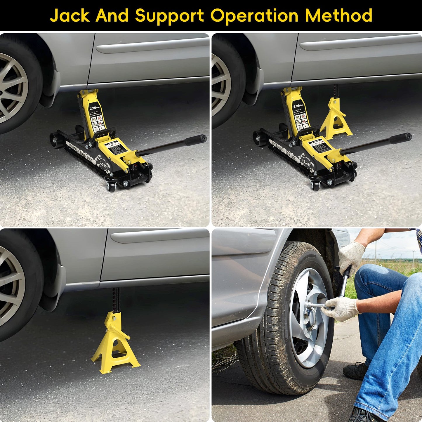 2.25 Ton Hydraulic Floor Jack Set , 3 Ton Jack Stands, Tire Repair Kit - Low Profile Service Jack with 4960 LB Capacity, Yellow, Double Locking Pins, Universal Wheels, and European Certification