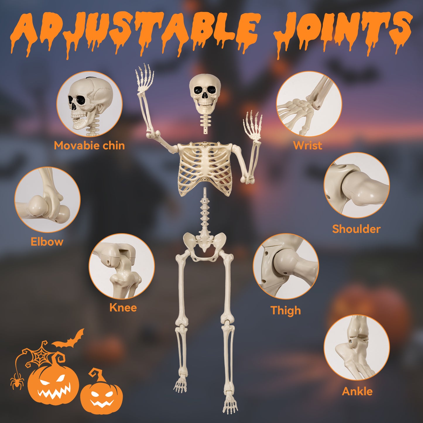 5.4 ft Halloween skeleton decoration, with movable joints, flexible skeleton for poses, scary skeleton suitable for indoor and outdoor Halloween decorations, haunted houses, courtyards, cemeteries.