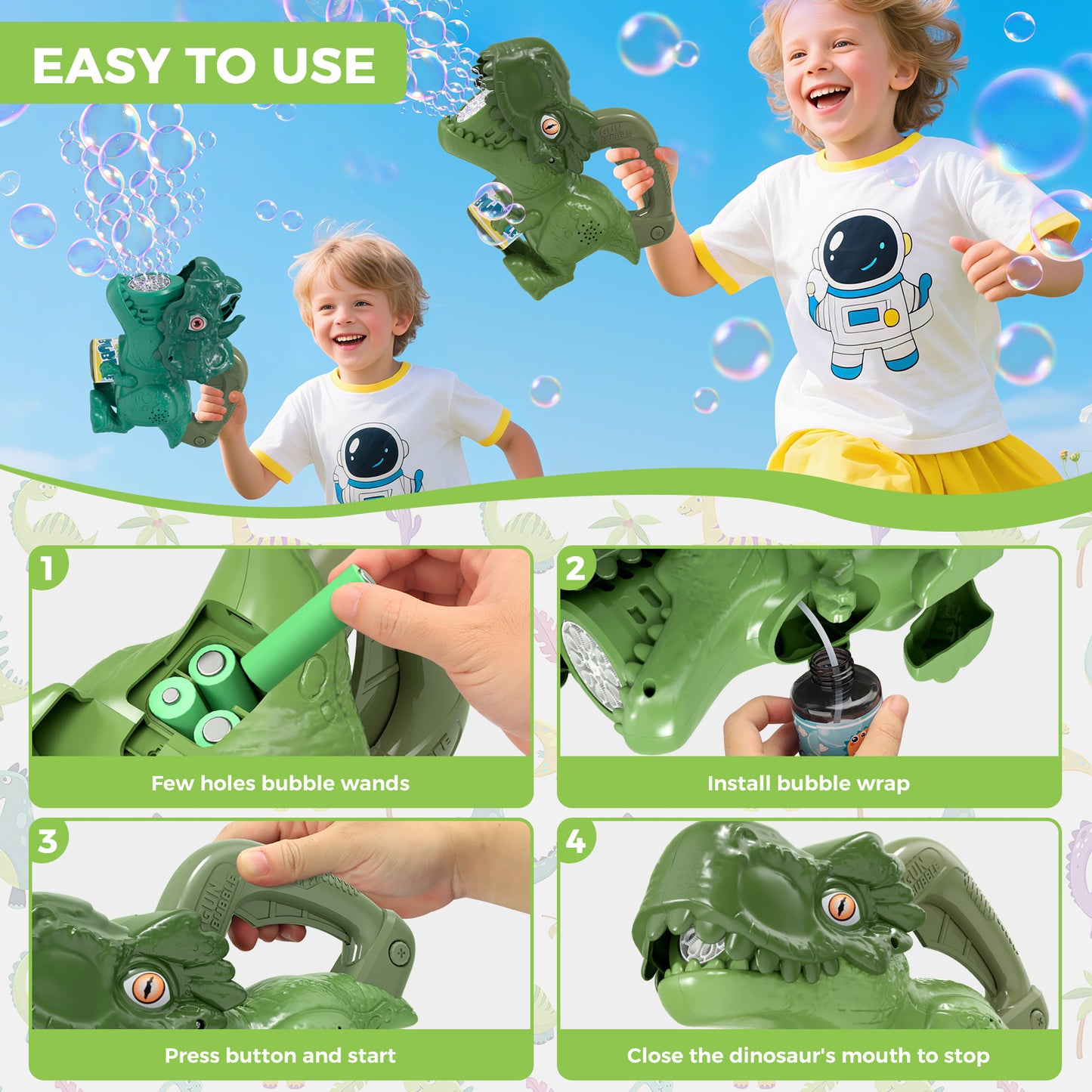 Dinosaur Bubble Machine for Kids, Automatic Handheld T-Rex Bubble Gun with Colorful Bubble- Idea Gift for Easter, Birthday, Halloween, Christmas(Green)