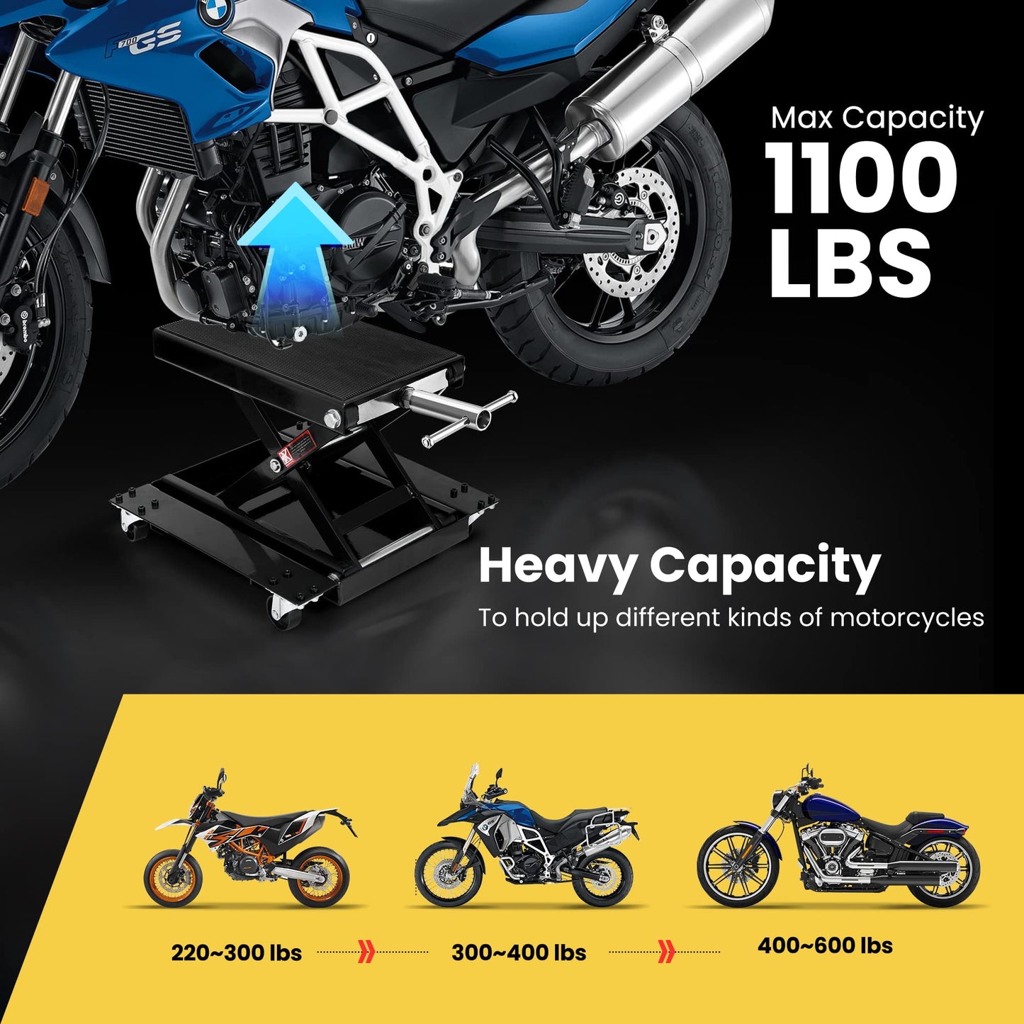 Lafati 1100 LBS Steel Motorcycle & ATV Scissor Lift Jack with Dolly - Heavy-Duty Bike Repair Stand