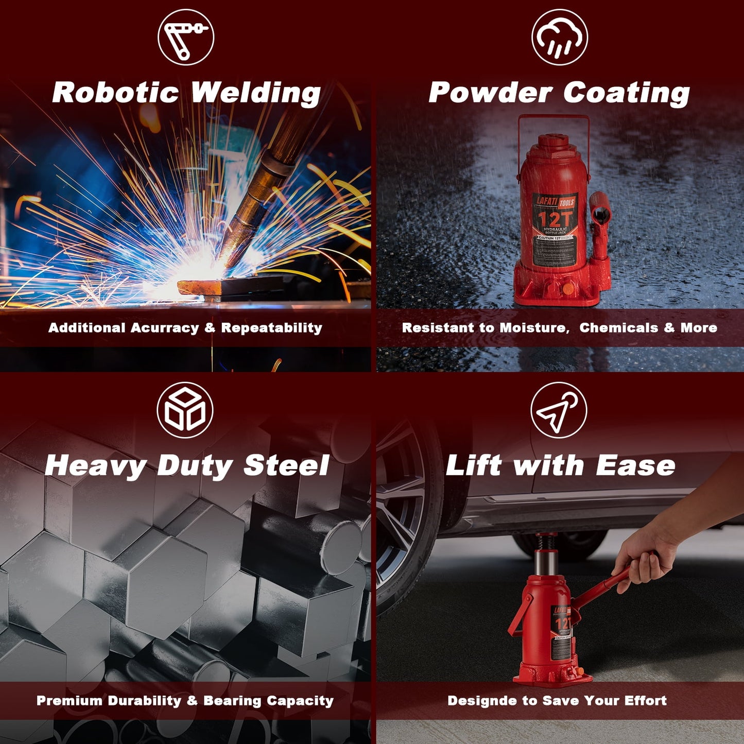 Lafati Hydraulic Welded Bottle Jack, 12 Ton (24,000 lb) Capacity, Red