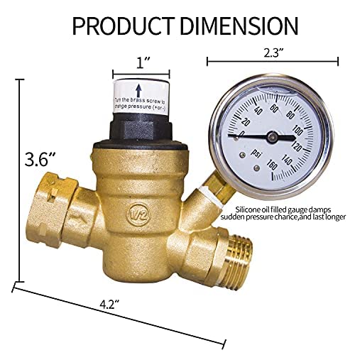 Water Pressure Regulator Valve, RV Brass with Gauge and Inlet Screened Filter for Camper Trailer