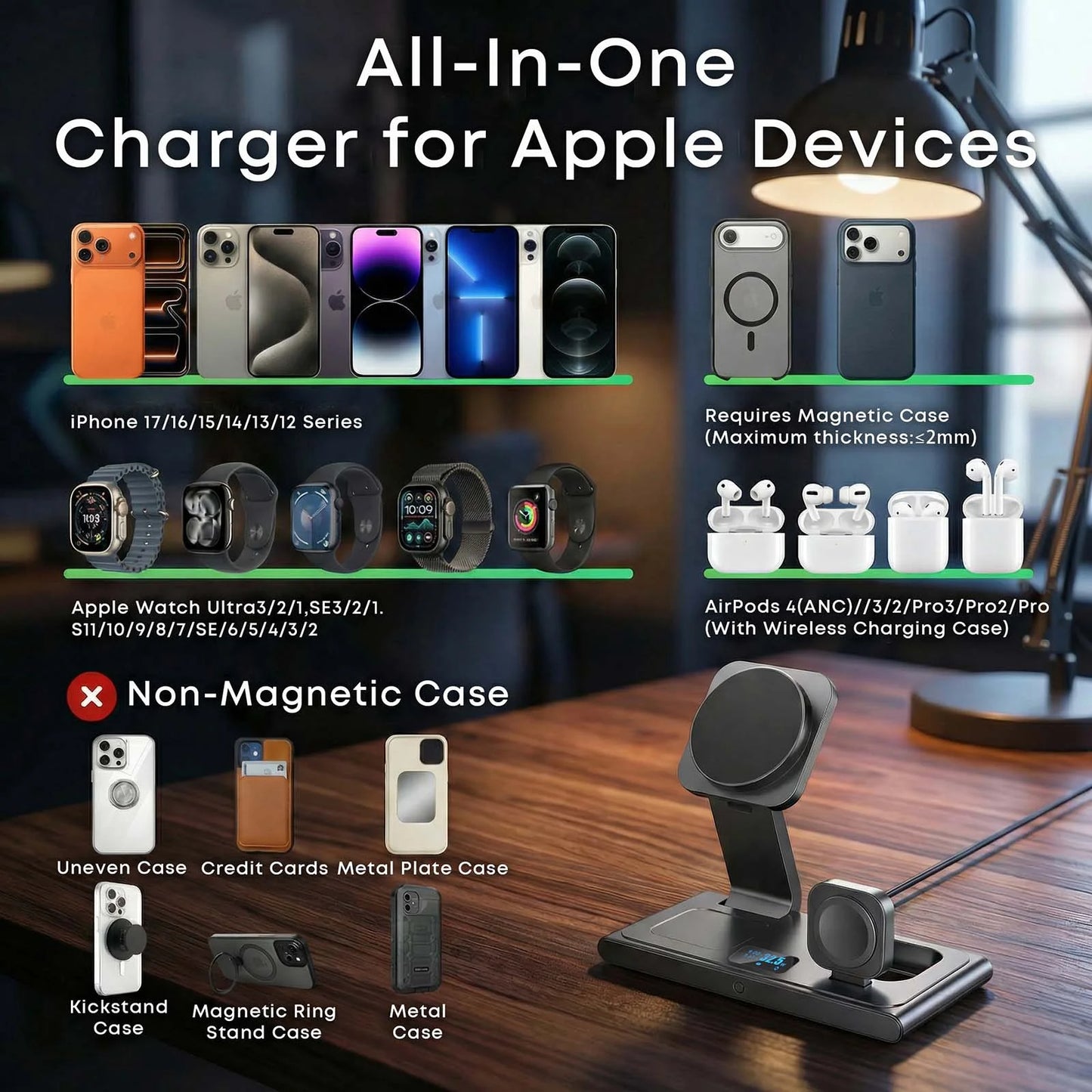 Lafati Foldable 3-in-1 Wireless Charging Station - 25W Max Fast Charger with Digital Power Display & 45W Adapter, Visible Charging Hub for iPhone 16/15/14/13 Pro Max, Apple Watch, AirPods