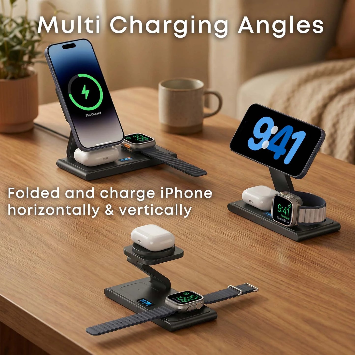 Lafati Foldable 3-in-1 Wireless Charging Station - 25W Max Fast Charger with Digital Power Display & 45W Adapter, Visible Charging Hub for iPhone 16/15/14/13 Pro Max, Apple Watch, AirPods