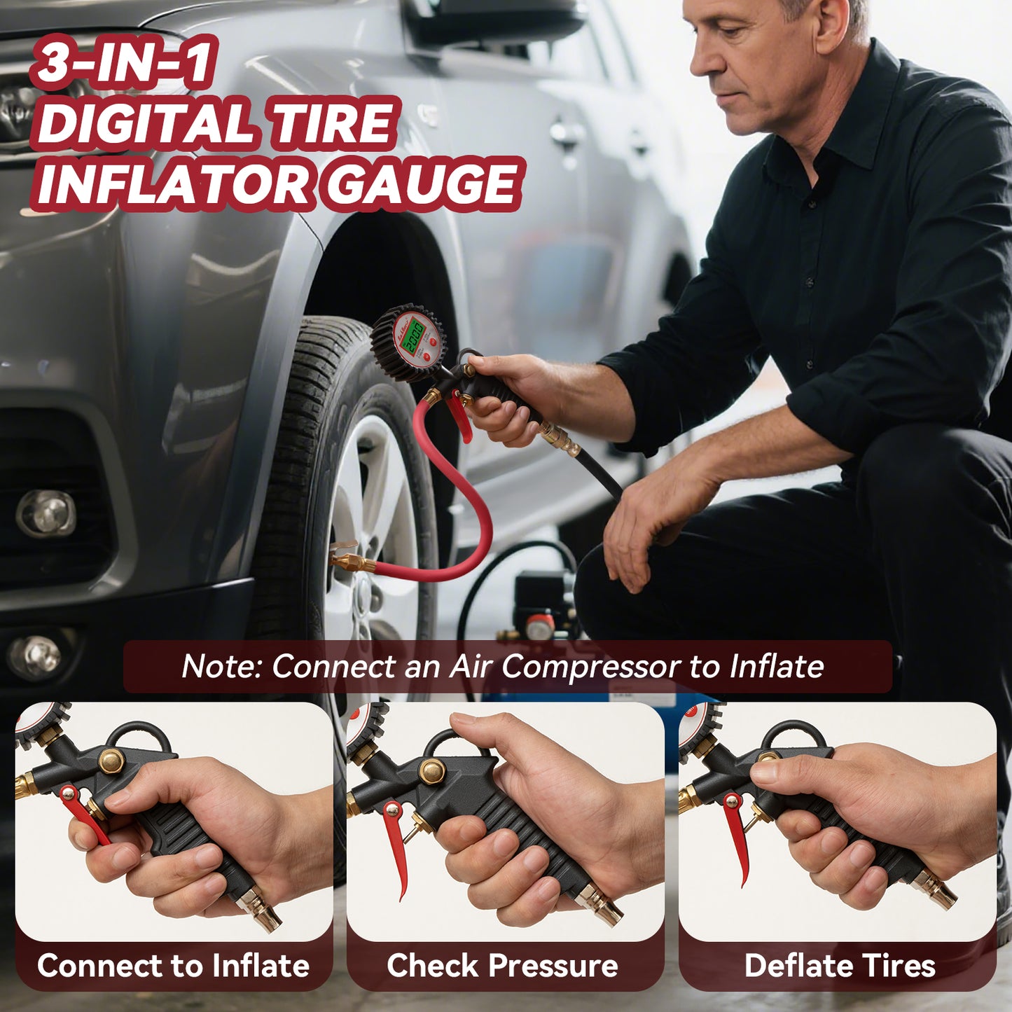 Digital Tire Pressure Gauge with Inflator, 3-250 PSI Air Chuck & Compressor Accessories Heavy Duty with Quick Connect Coupler, 0.1 Display Resolution, 1pack