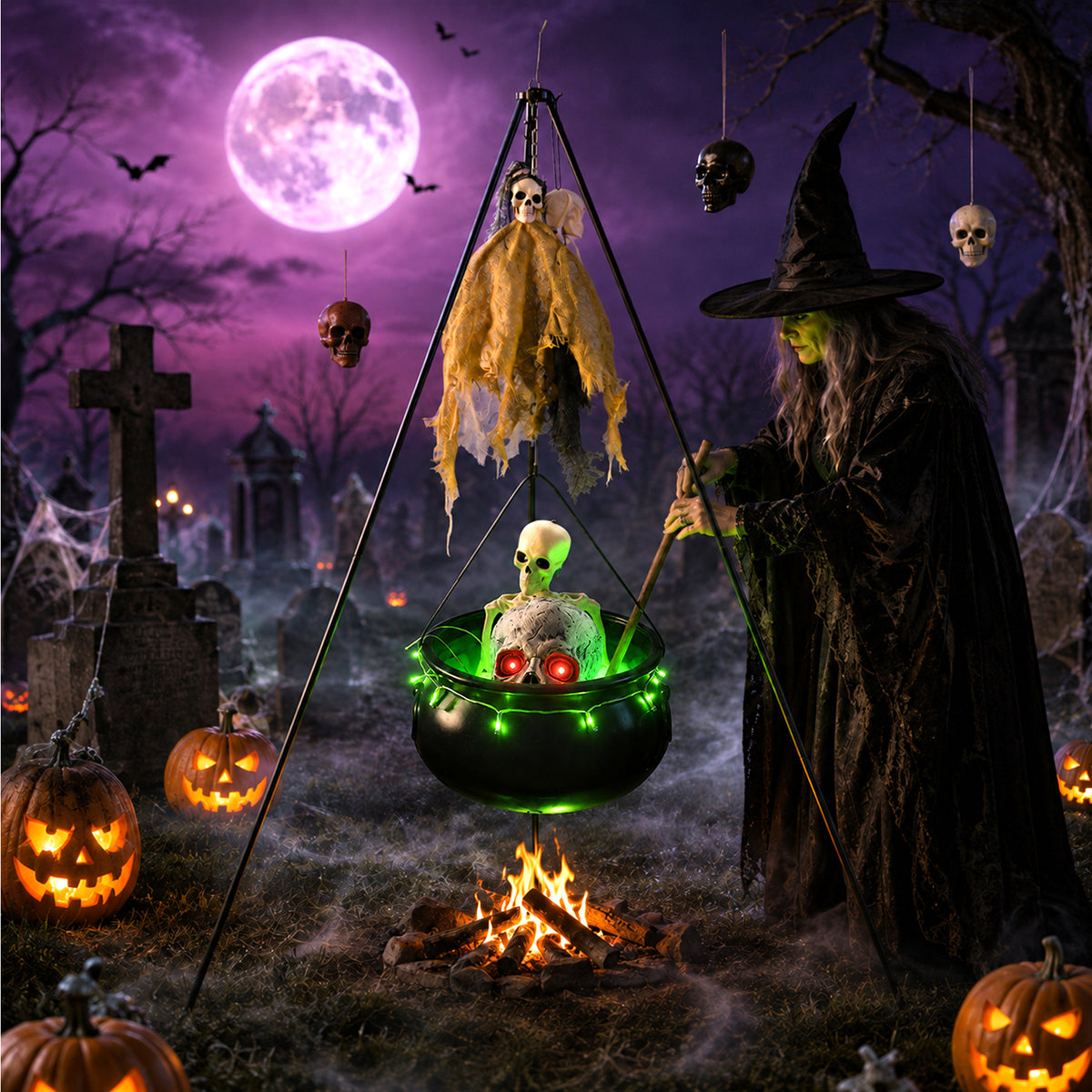 Halloween Decorations Bundle - 130cm/51.2" Tall Witches Cauldron, 3pcs Hanging Ghosts, 60cm Skeleton, Skull Ornament, 3 Ground Stakes, 4 Hooks - Indoor Outdoor Yard Porch Lawn Party Supplies