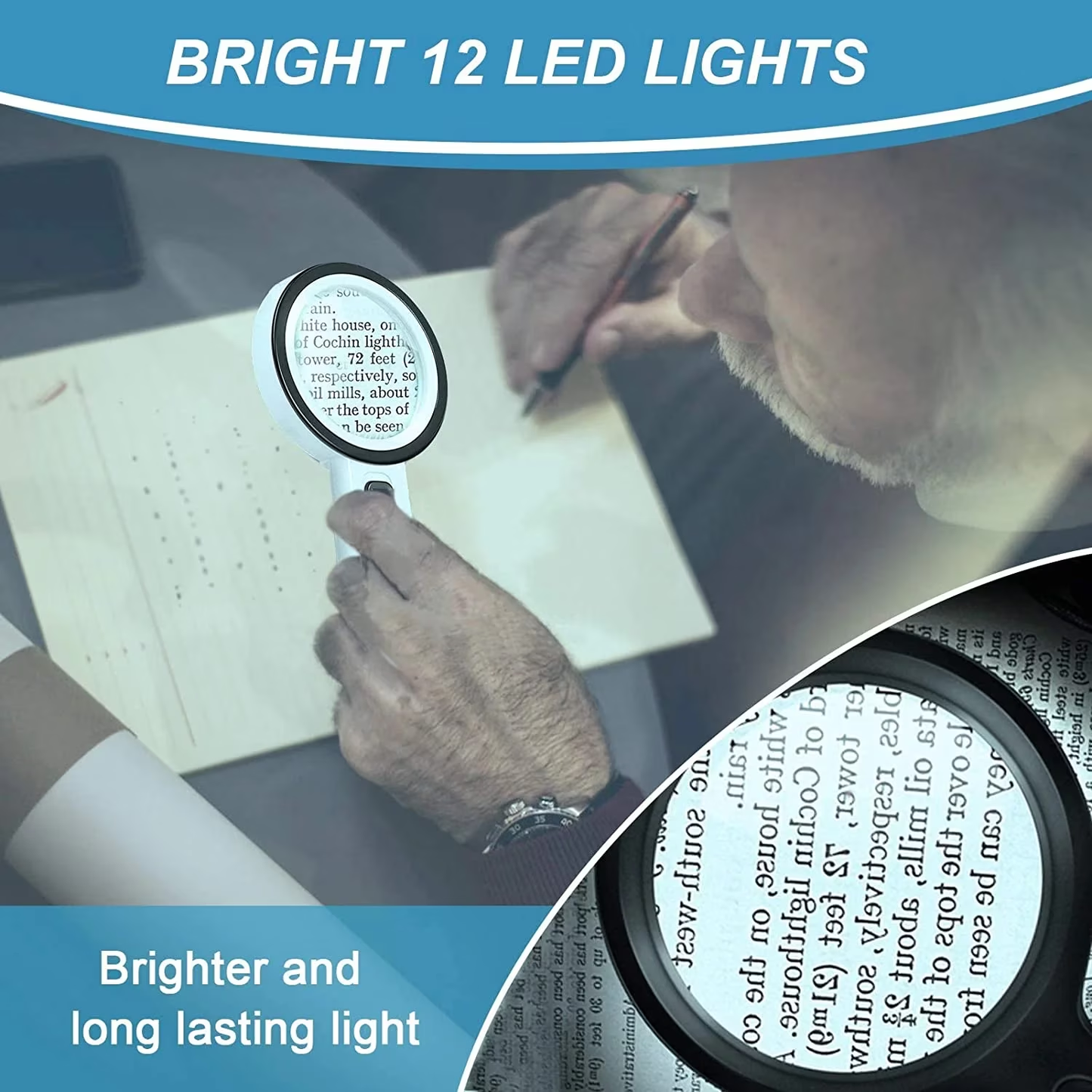 Magnifying Glass with 12 LED Lights, 10X Double Glass Lens Handheld Illuminated Magnifier Reading Magnifying Glass with for Seniors Read, Coins, Stamps, Map, Inspection, Macular Degeneration