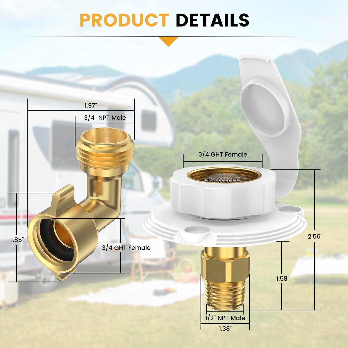 Aiqeek RV City Water Fill Inlet – Flange Brass with Check Valve | for Camper, Trailer, Marine (with Hose Elbow)