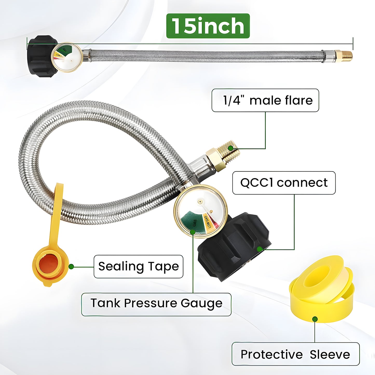 18 Inch RV Propane Hoses with Gauge, Camper Propane Hose with Gauge Stainless Steel Braided, 1/4" Male, 40Lb 250PSI, NPT x QCC1 Fittings (2 Pack)
