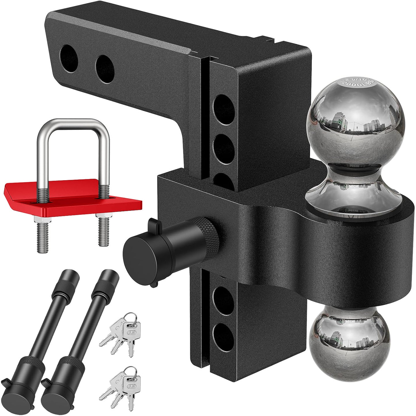 Adjustable Trailer Hitch, Fits 2-inch Receiver-Heavy Duty Aluminum Tow Hitches with 6-inch Drop/Rise for Truck (12,000 lbs GTW) - Weatherproof Double Anti-Theft Locking Hitch Pins