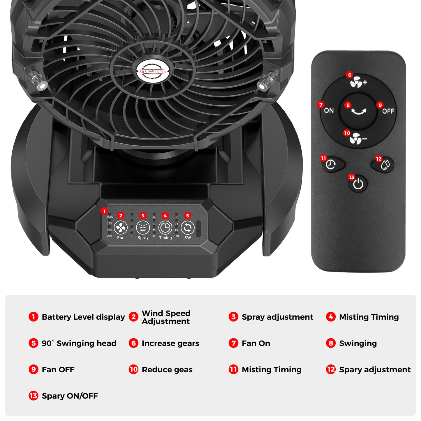 Portable Outdoor Misting Fan, Bucket Top Portable Fan, Battery Powered with 4 Fan Speeds & 4 Mist Settings for Camping, Tailgating, and Beach(BLACK)