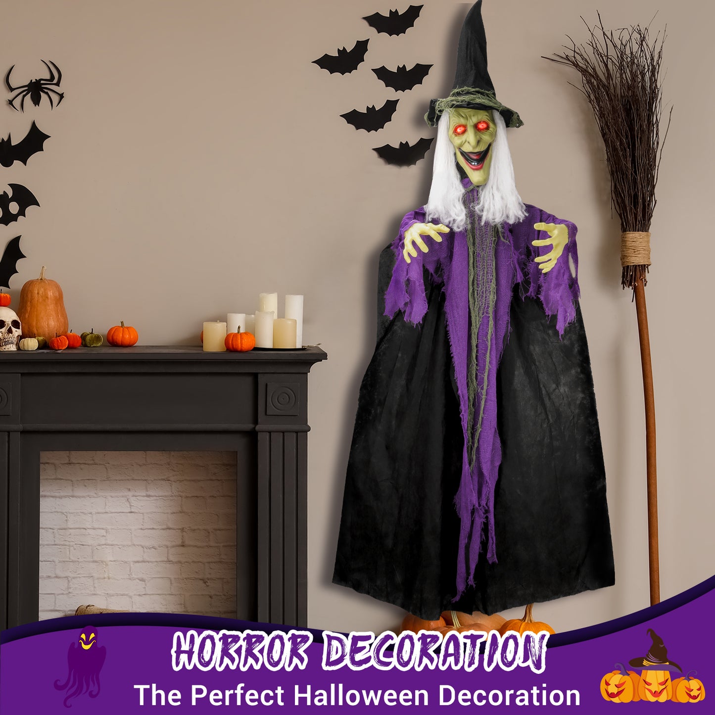 72" Hanging Witch Decoration with Light-up Eyes and Sound Activation Function Animated Talking Witch for Halloween Decorations Haunted House Prop Decor, Halloween Hanging Decorations, Outdoor/In