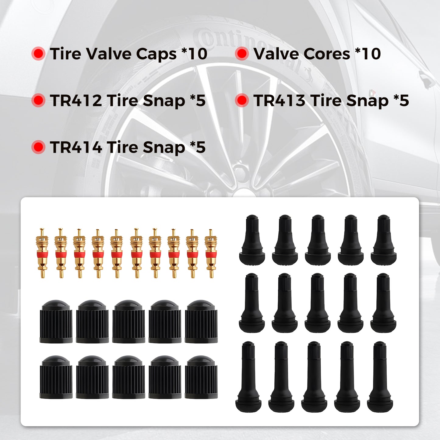 Lafati 45 PCS Valve Stem Core Removal Replacement Tool Kit, Tire Valve Stem Removal Tool and TR412, TR413, TR414 Tire Snap in Short Rubber Valve Stem, 4 Way Valve Core Remover