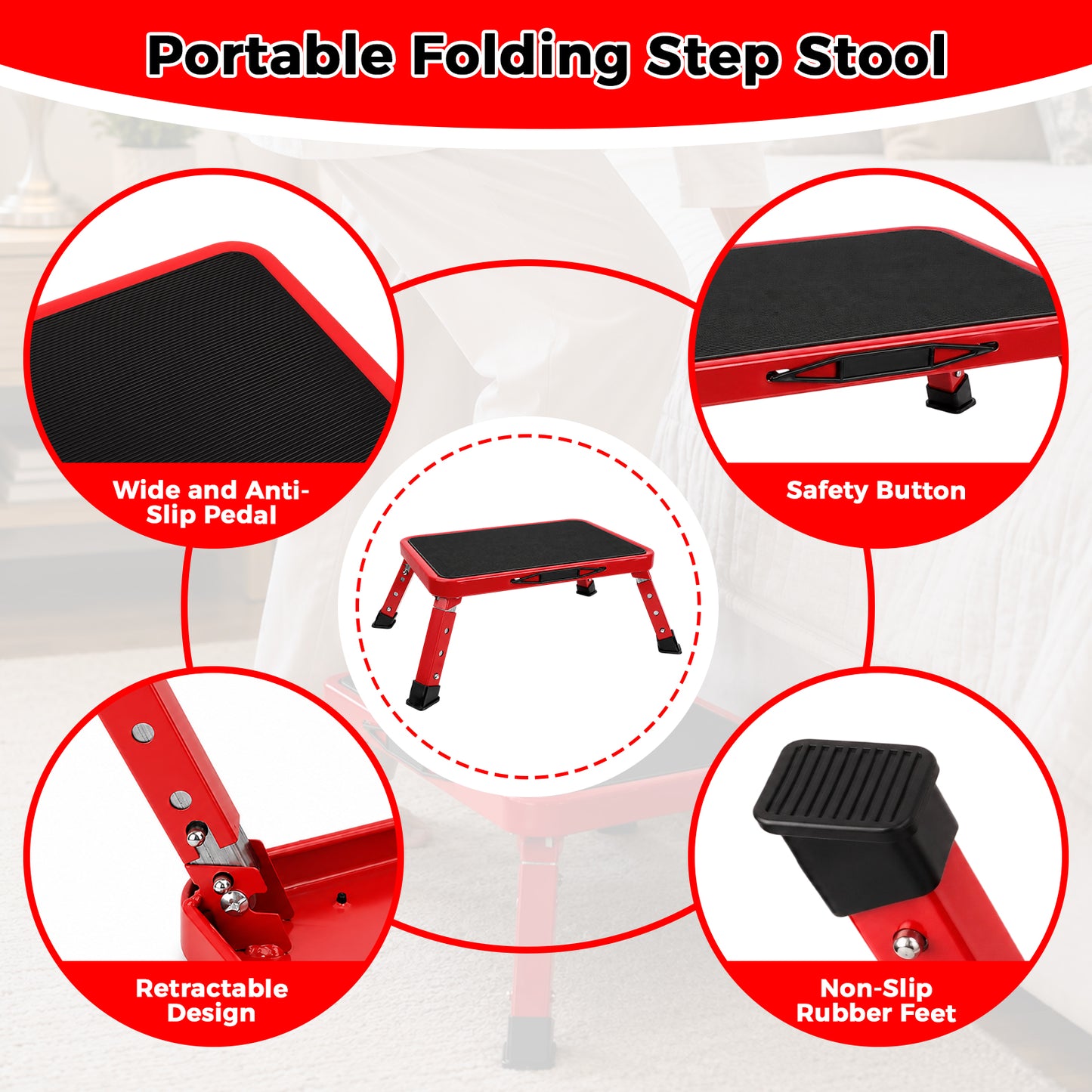 Lafati Folding Step Stool for Adults & Seniors - Heavy Duty Steel Step Stool with 3 Adjustable Heights, Anti-Slip Surface & Rubber Feet, Multi-Purpose Step Stool for Kitchen, Bed, SUV, RV