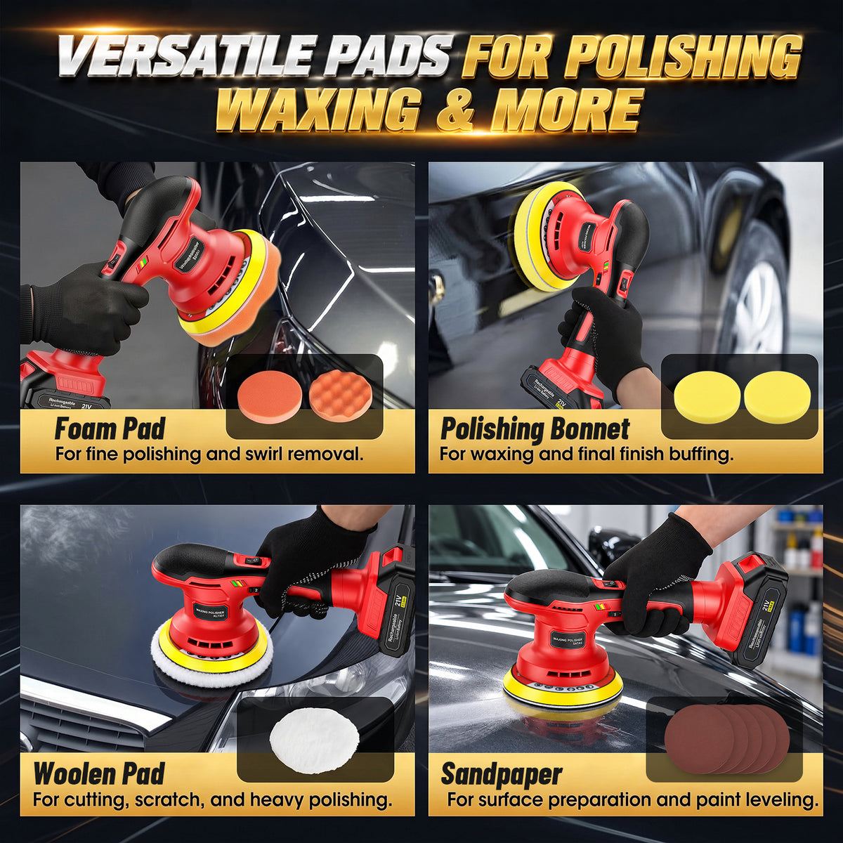 Lafati 6 inch Cordless Car Polisher Kit with 2x2000mAh 21V Batteries, 6 Variable Speeds for Car Detailing, Boat Sanding & Scratch Removal