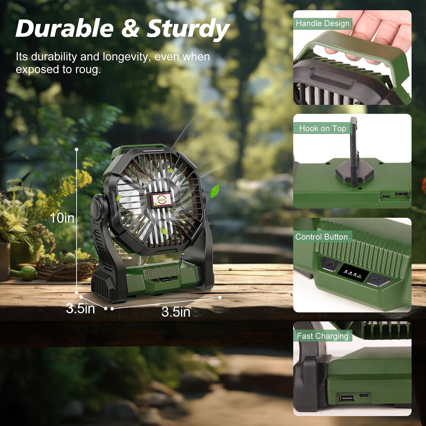 20,000mAh Portable Camping Fan with LED Lantern, Rechargeable Battery Operated Outdoor Fan, 4 Speeds, 270° Rotation, Power Bank Function for Tent, Hiking, Fishing, Emergency, Sports & Game Day, Green
