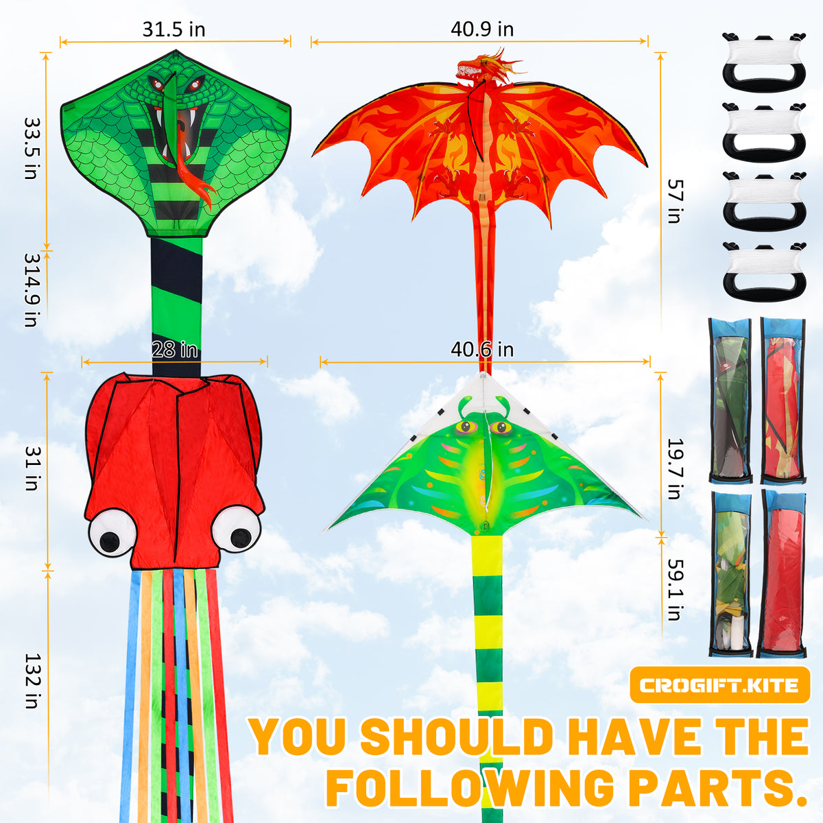 4 Pack Kites - Large Fire Dragon Kite Green Snake Kite Devil Fish Kite Red Mollusc Octopus with Long Colorful Tail for Kids Adults Outdoor Game Activities