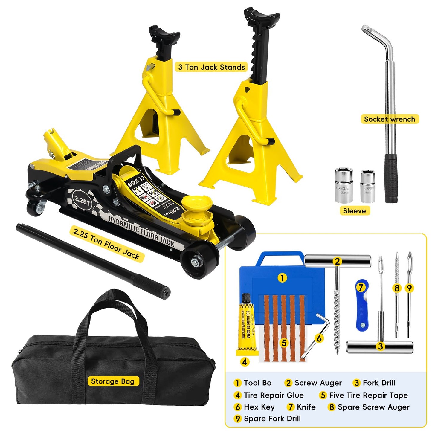 2.25 Ton Hydraulic Floor Jack Set , 3 Ton Jack Stands, Tire Repair Kit - Low Profile Service Jack with 4960 LB Capacity, Yellow, Double Locking Pins, Universal Wheels, and European Certification