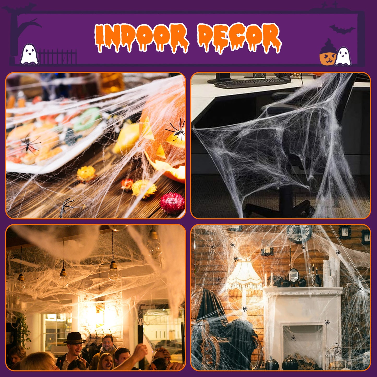 1300 square feet Halloween spider web decoration, including 50 fake spiders, super strong elastic spider web, suitable for Halloween indoor and outdoor decoration.